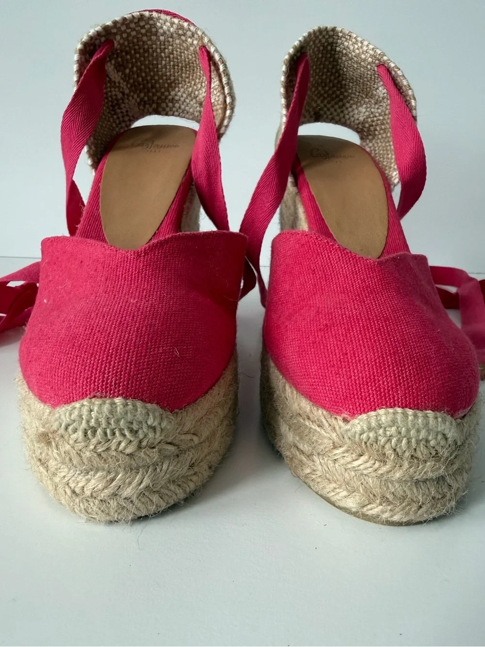 Castañer Carina Espadrille Wedge Sandals in Red/Pink, Size 37 / US 6.5